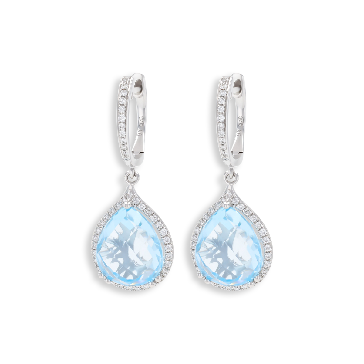 9ct White Gold Pear Shaped Blue Topaz & Diamond Halo Drop Earrings