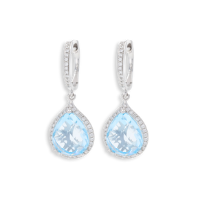 9ct White Gold Pear Shaped Blue Topaz & Diamond Halo Drop Earrings