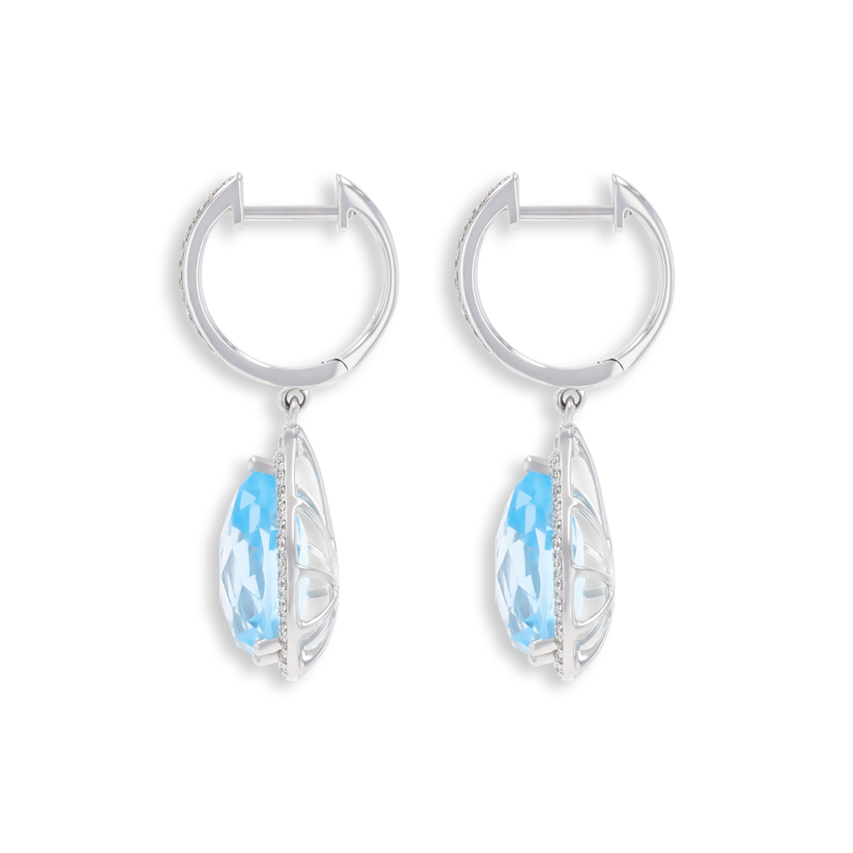 9ct White Gold Pear Shaped Blue Topaz & Diamond Halo Drop Earrings