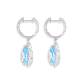 9ct White Gold Pear Shaped Blue Topaz & Diamond Halo Drop Earrings