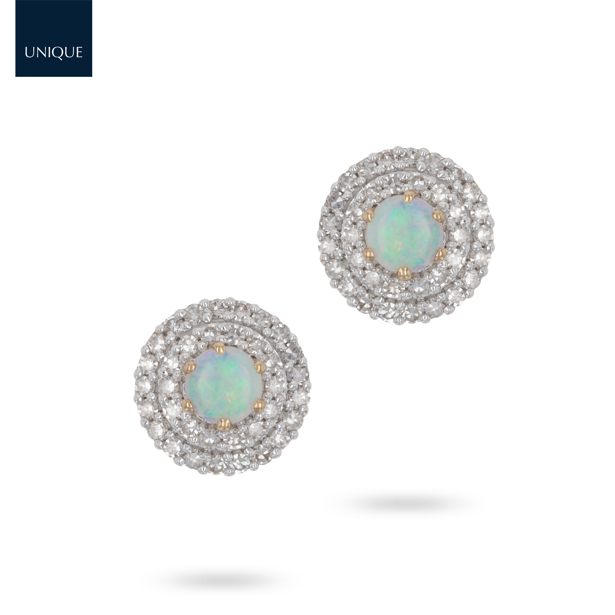 9ct Yellow Gold Opal & Diamond Double Halo Stud Earrings