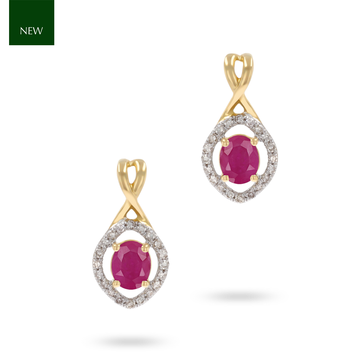 9ct Yellow Gold Kiss Ruby & Diamond Halo Drop Earrings