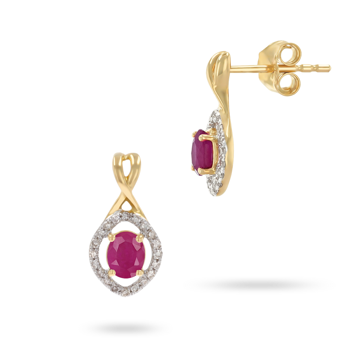 9ct Yellow Gold Kiss Ruby & Diamond Halo Drop Earrings