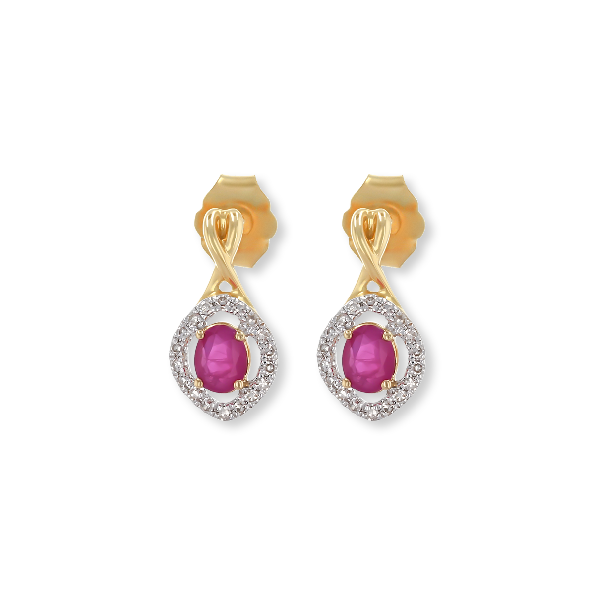 9ct Yellow Gold Kiss Ruby & Diamond Halo Drop Earrings