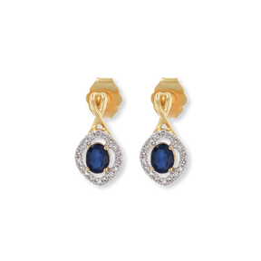 9ct Yellow Gold Kiss Sapphire & Diamond Halo Drop Earrings