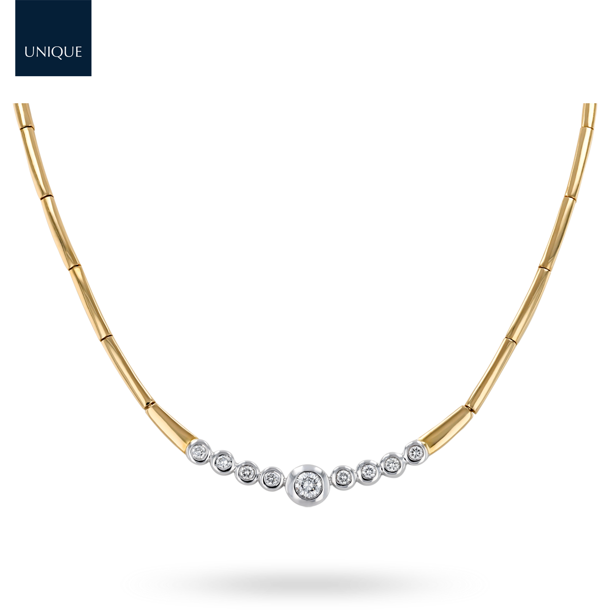 18ct Yellow & White Gold Diamond Bezel Set Bar Link Collarette Necklace