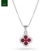 9ct White Gold Ruby & Diamond Quatrefoil Pendant & Chain