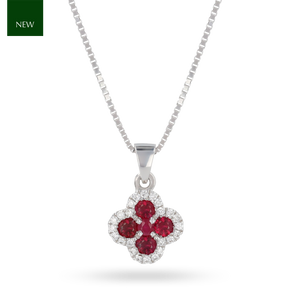 9ct White Gold Ruby & Diamond Quatrefoil Pendant & Chain