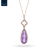 9ct Rose Gold Pear Shaped Amethyst & Diamond Halo Pendant & Chain