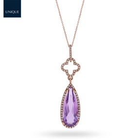 9ct Rose Gold Pear Shaped Amethyst & Diamond Halo Pendant & Chain