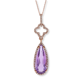 9ct Rose Gold Pear Shaped Amethyst & Diamond Halo Pendant & Chain