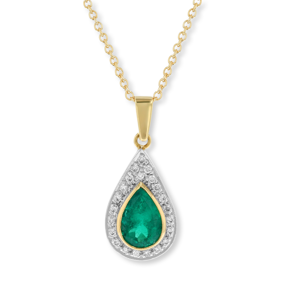 18ct Yellow Gold Emerald & Diamond Teardrop Cluster Pendant & Chain