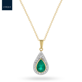 18ct Yellow Gold Emerald & Diamond Teardrop Cluster Pendant & Chain