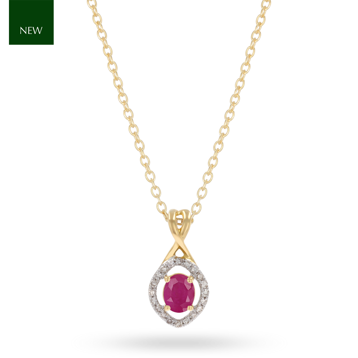 9ct Yellow Gold Kiss Ruby & Diamond Halo Drop Pendant