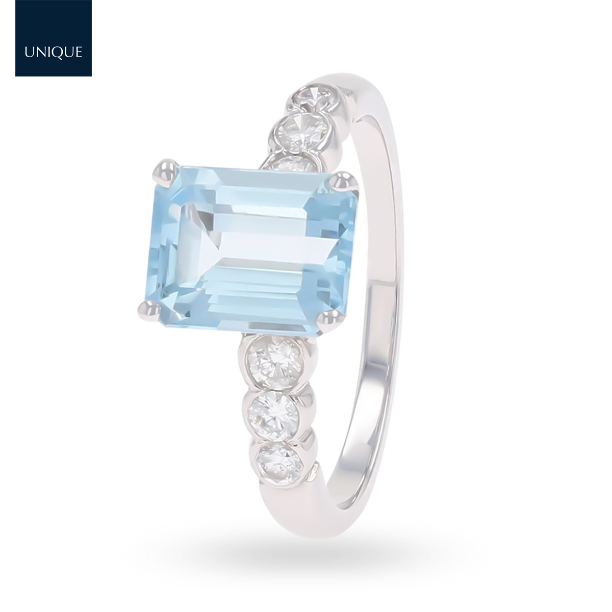 18ct White Gold Emerald Cut Aquamarine & Diamond Solitaire Ring