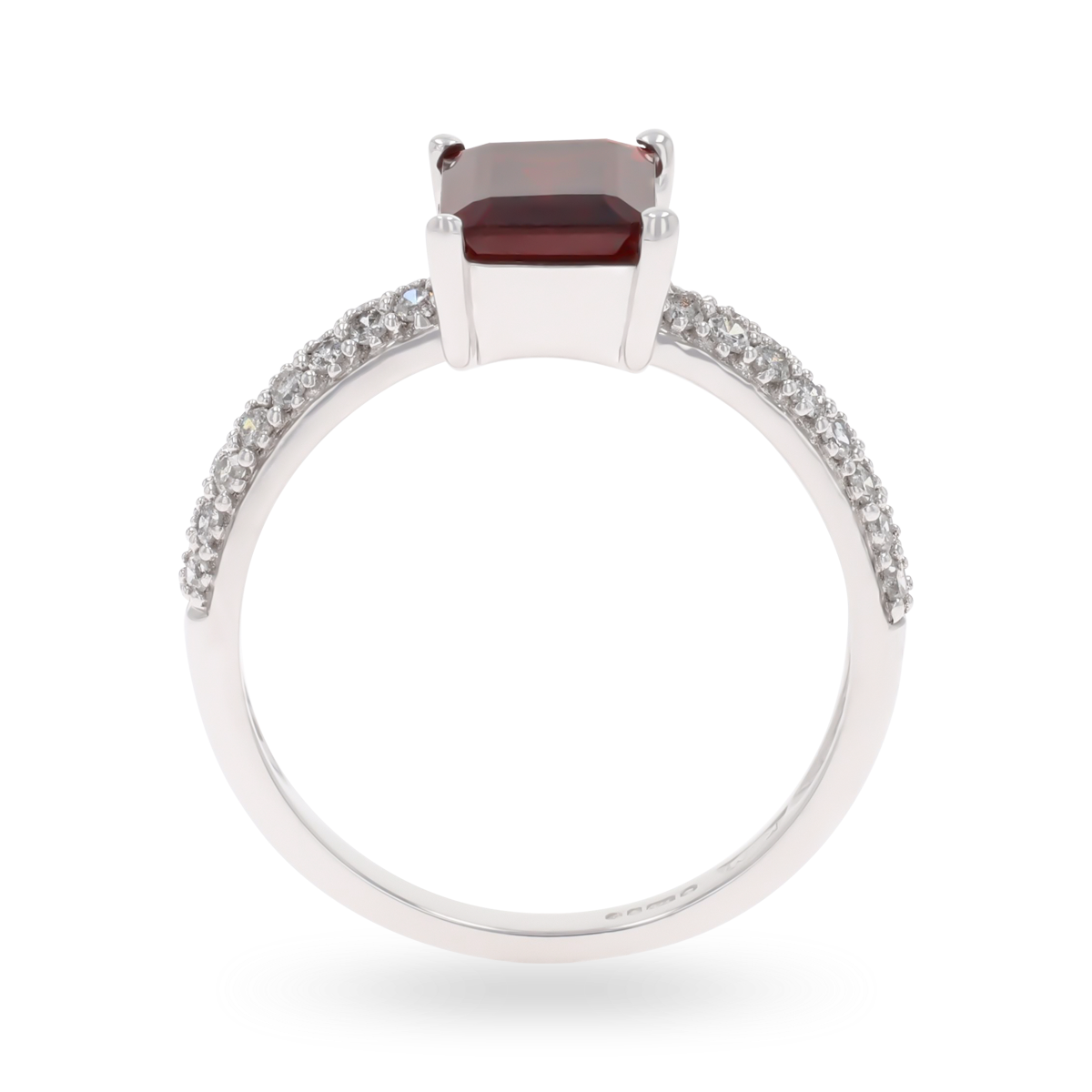 9ct White Gold Emerald Cut Garnet Solitaire Ring With Diamond Shoulders