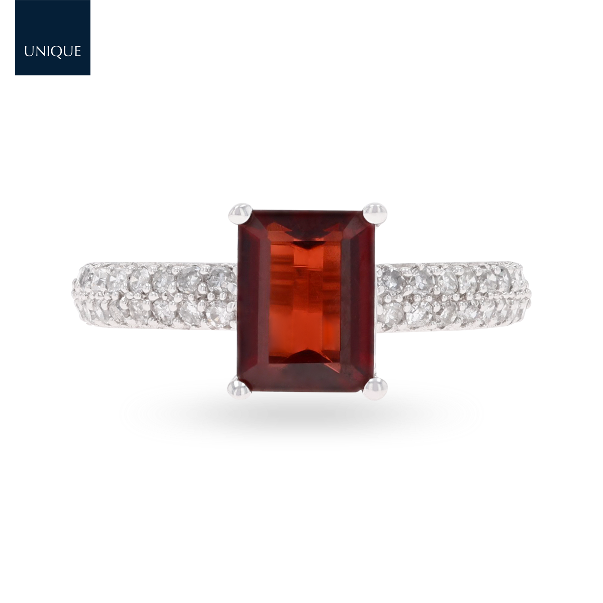 9ct White Gold Emerald Cut Garnet Solitaire Ring With Diamond Shoulders