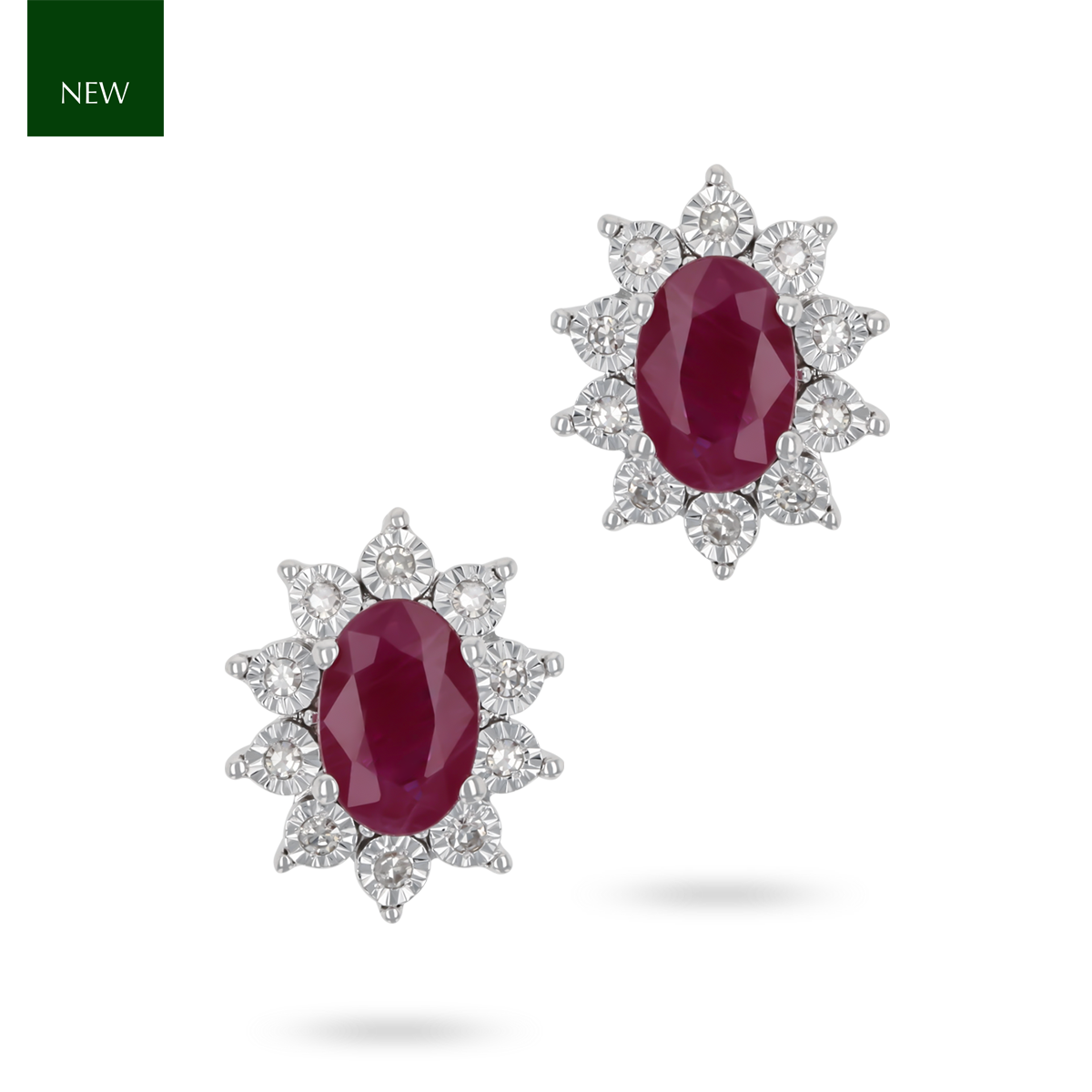 9ct White Gold Oval Ruby & Diamond Cluster Stud Earrings