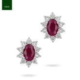 9ct White Gold Oval Ruby & Diamond Cluster Stud Earrings