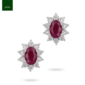 9ct White Gold Oval Ruby & Diamond Cluster Stud Earrings