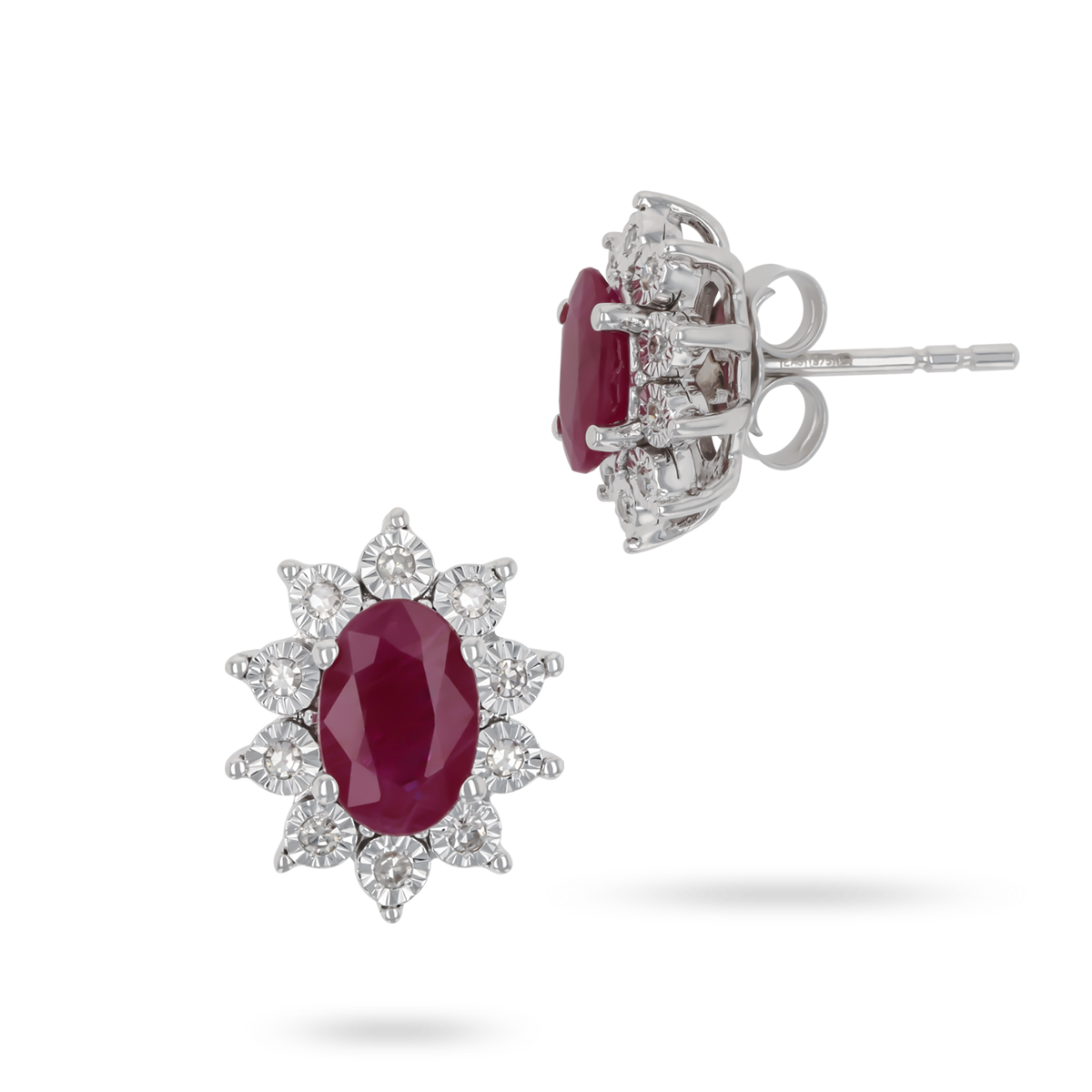 9ct White Gold Oval Ruby & Diamond Cluster Stud Earrings