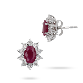 9ct White Gold Oval Ruby & Diamond Cluster Stud Earrings