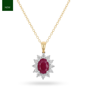 9ct White Gold Oval Shaped Ruby & Diamond Cluster Pendant