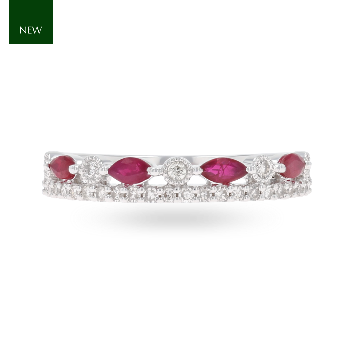 9ct White Gold Marquise Shaped Ruby & Diamond Ring