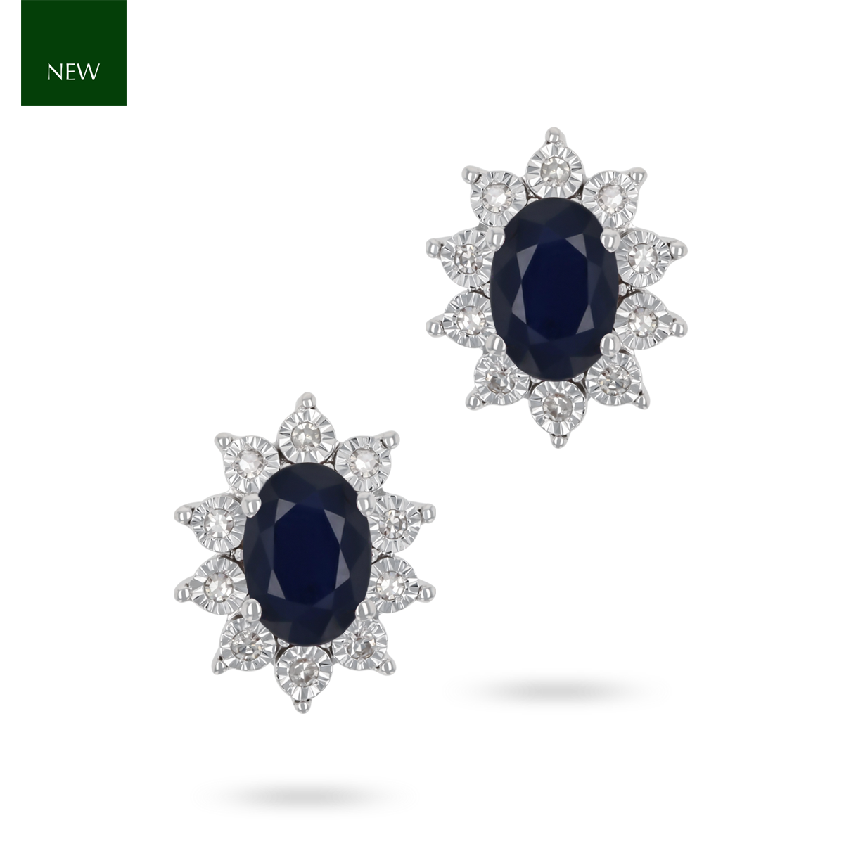 9ct White Gold Oval Sapphire & Diamond Cluster Stud Earrings