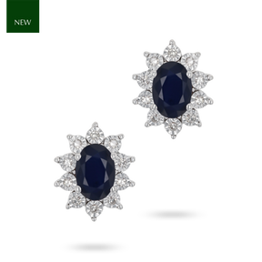 9ct White Gold Oval Sapphire & Diamond Cluster Stud Earrings