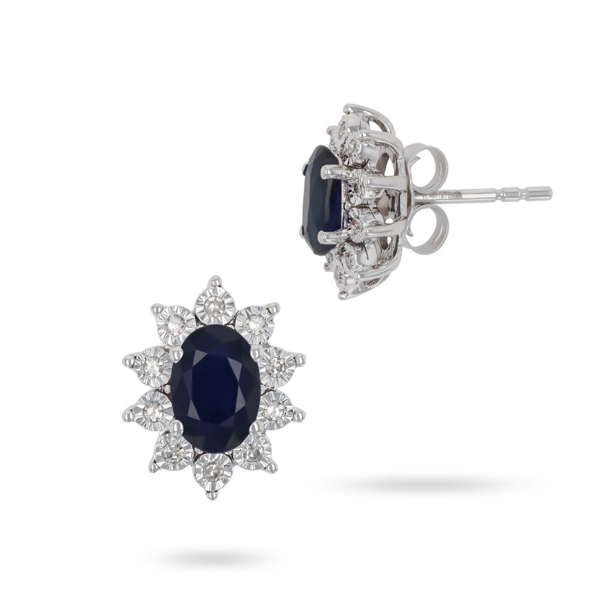9ct White Gold Oval Sapphire & Diamond Cluster Stud Earrings