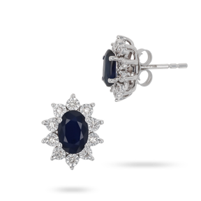 9ct White Gold Oval Sapphire & Diamond Cluster Stud Earrings