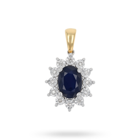 9ct White Gold Oval Shaped Sapphire & Diamond Cluster Pendant