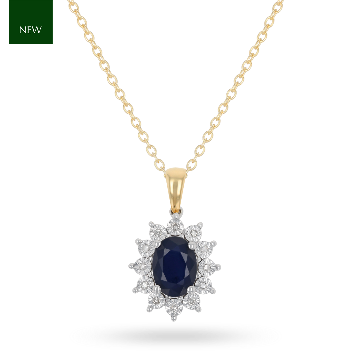 9ct White Gold Oval Shaped Sapphire & Diamond Cluster Pendant