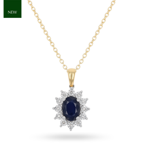 9ct White Gold Oval Shaped Sapphire & Diamond Cluster Pendant