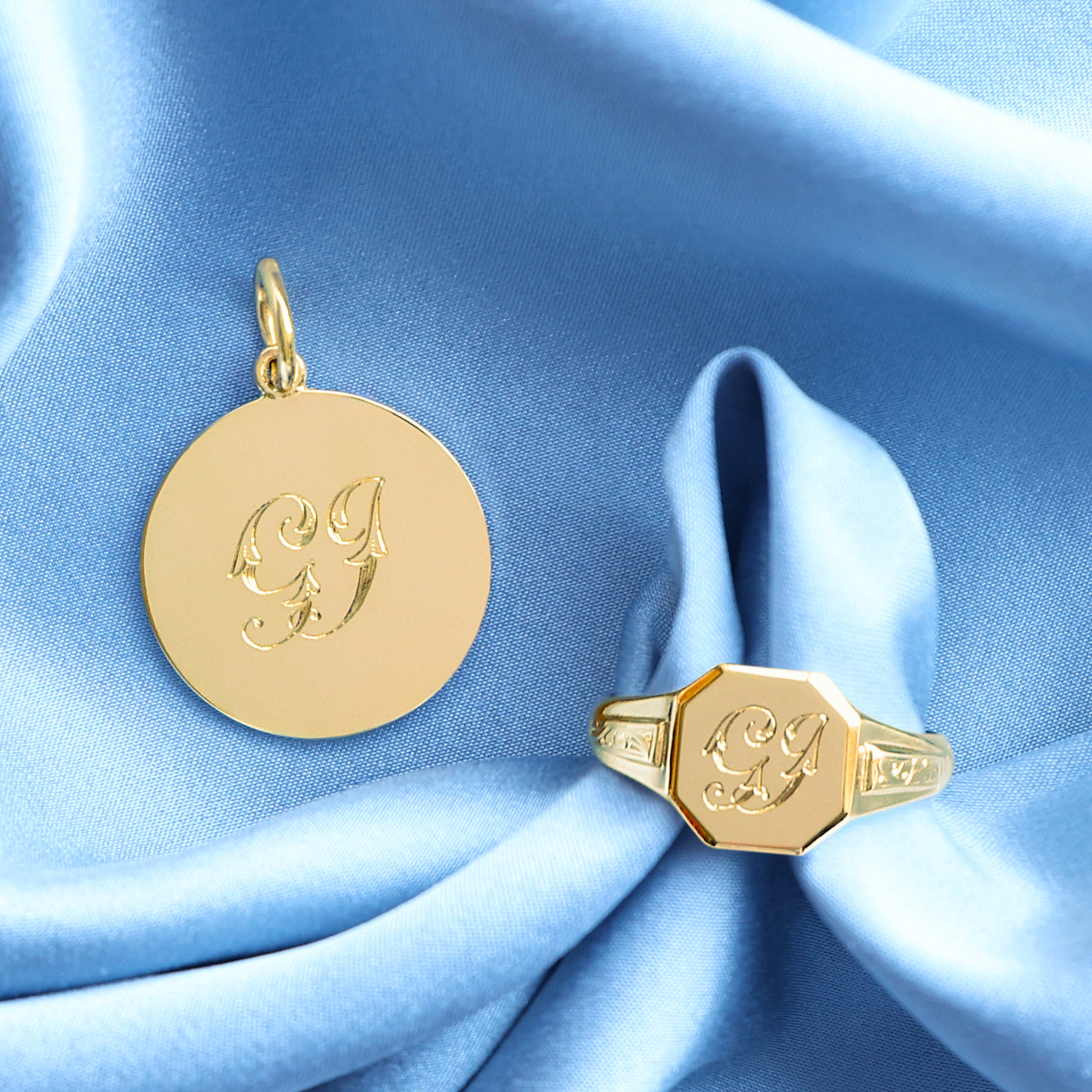Hang-Engraved 9ct Yellow Gold Disc Pendant & Signet Ring