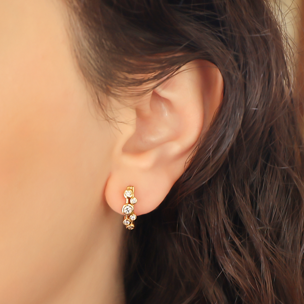 Model wears 18ct Yellow Gold Two Strand 0.42cts Diamond Bubble Half Set Hoop Earrings