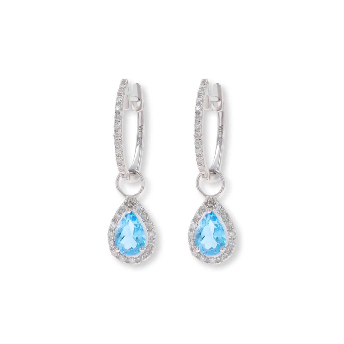 9ct White Gold Pear Shaped Blue Topaz & Diamond Hoop Earrings