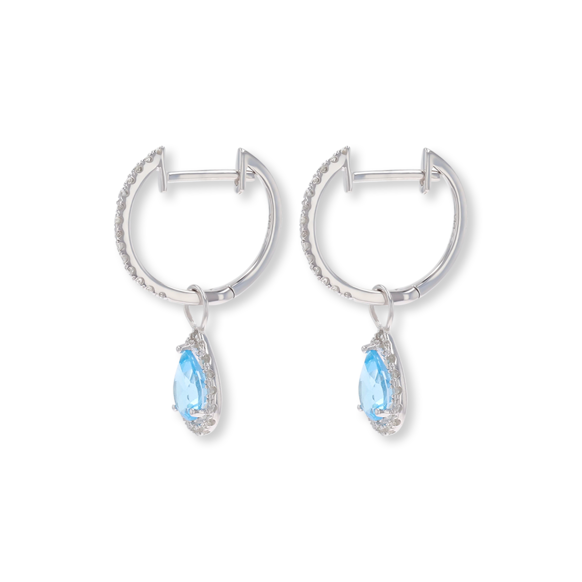 9ct White Gold Pear Shaped Blue Topaz & Diamond Hoop Earrings