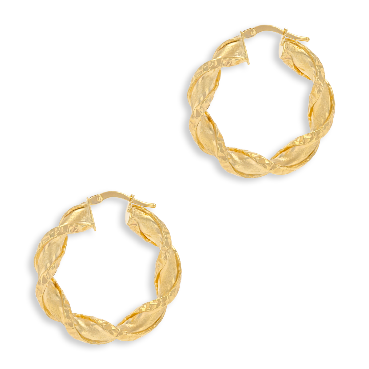 9ct Yellow Gold Diamond Cut Twist Satin Hoop Earrings