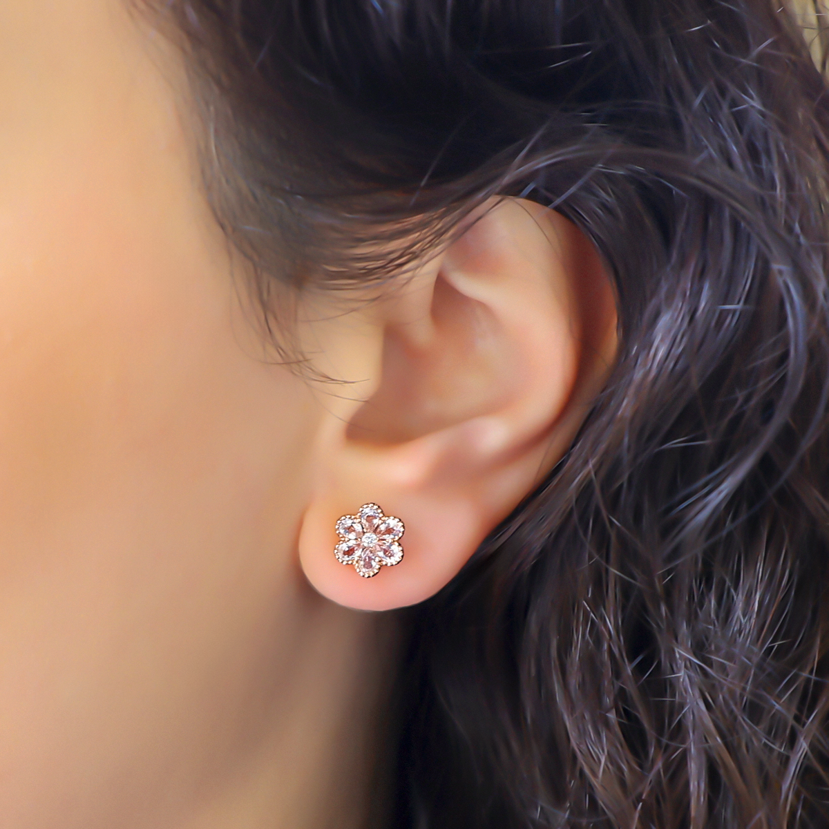 Model wears 18ct Rose Gold Morganite & Diamond Flower Stud Earrings