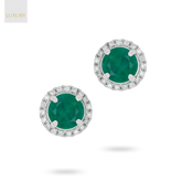 18ct White Gold Round Shaped Emerald & Diamond Halo Stud Earrings