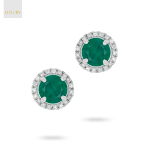 18ct White Gold Round Shaped Emerald & Diamond Halo Stud Earrings