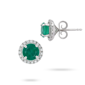 18ct White Gold Round Shaped Emerald & Diamond Halo Stud Earrings