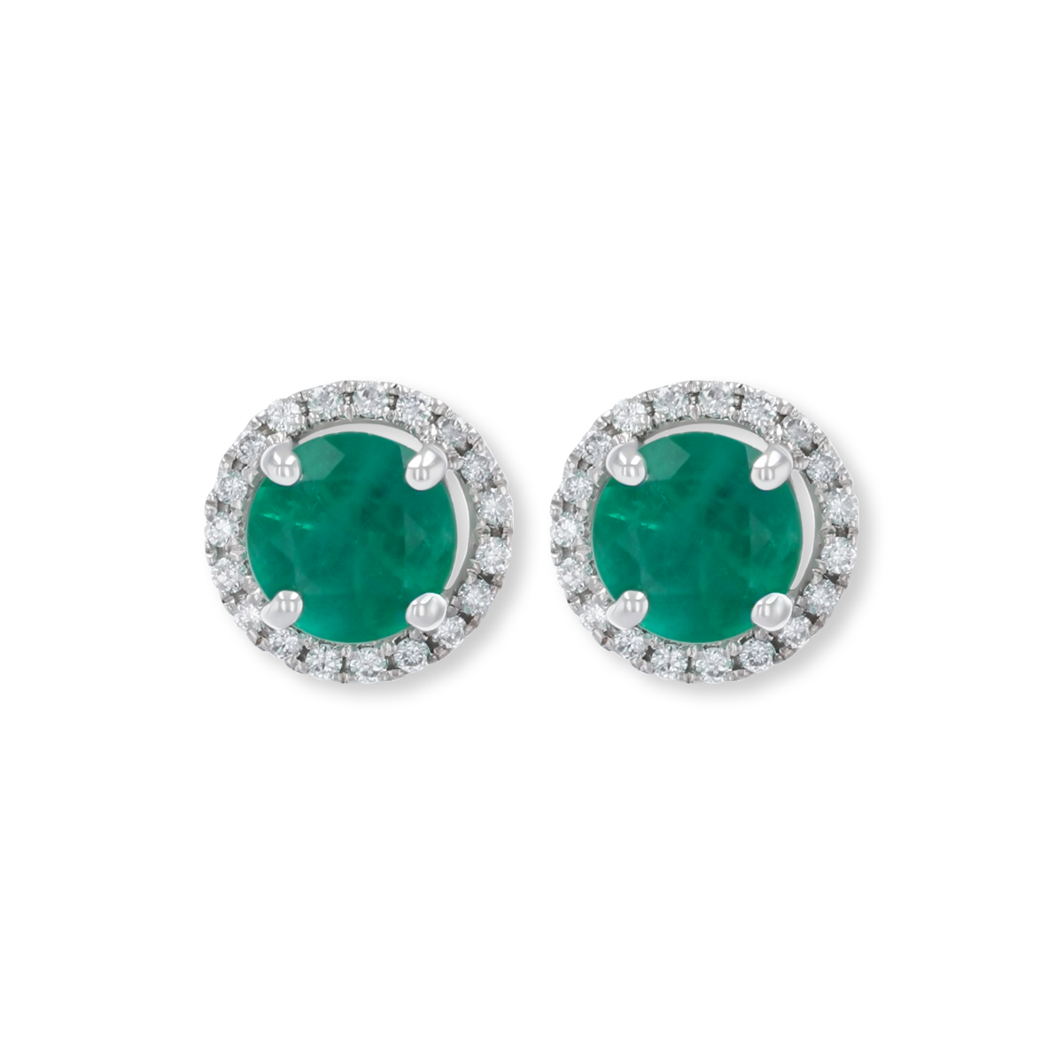 18ct White Gold Round Shaped Emerald & Diamond Halo Stud Earrings