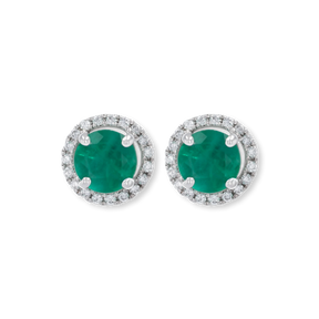 18ct White Gold Round Shaped Emerald & Diamond Halo Stud Earrings