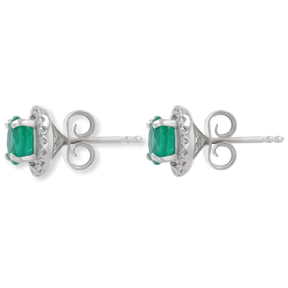 18ct White Gold Round Shaped Emerald & Diamond Halo Stud Earrings