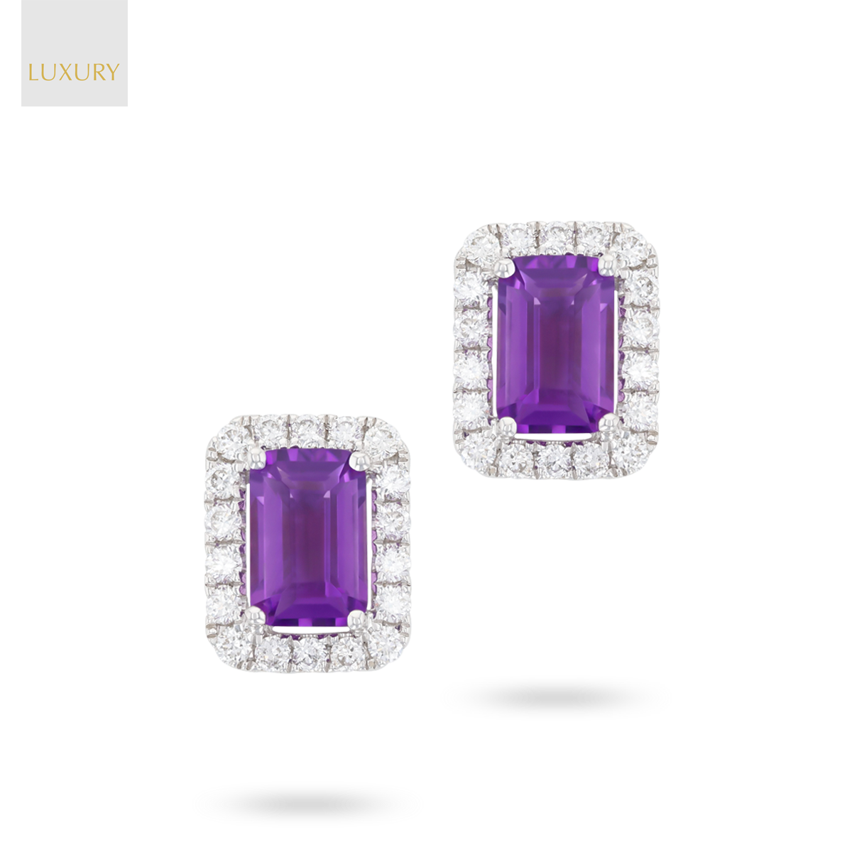 18ct White Gold Octagonal Amethyst & Diamond Halo Stud Earrings