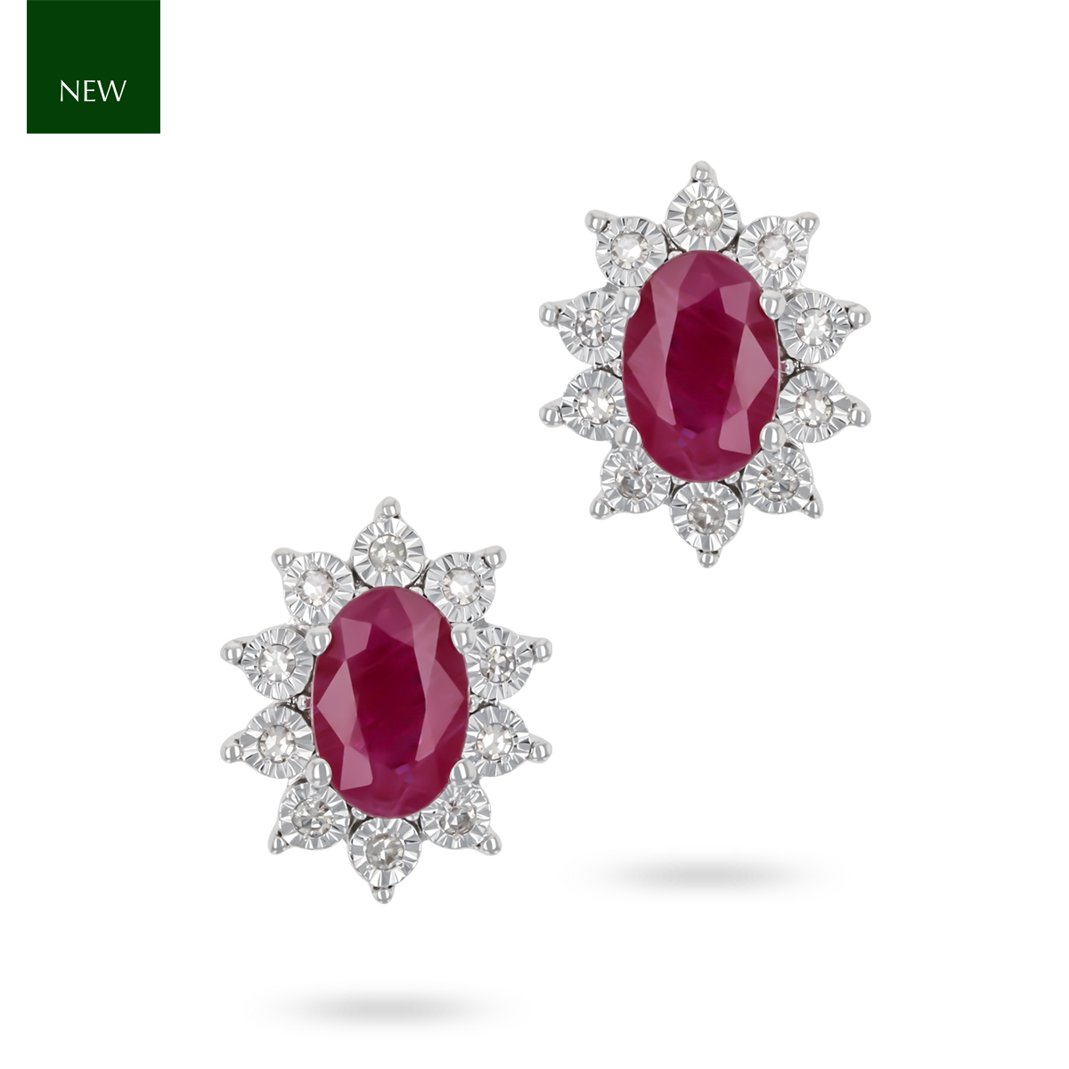 9ct White Gold Oval Ruby & Diamond Cluster Stud Earrings