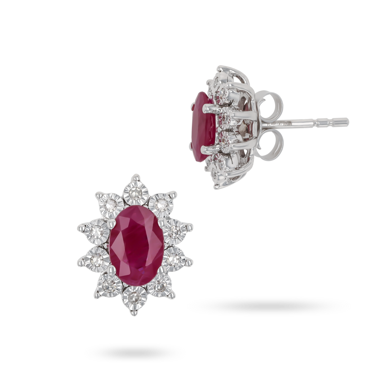 9ct White Gold Oval Ruby & Diamond Cluster Stud Earrings